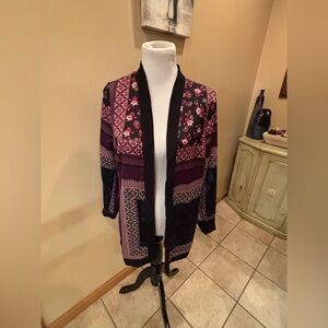 Chico's Women’s Duster Jacket Teal Purple Floral Bohemian Patchwork Size 4/6
